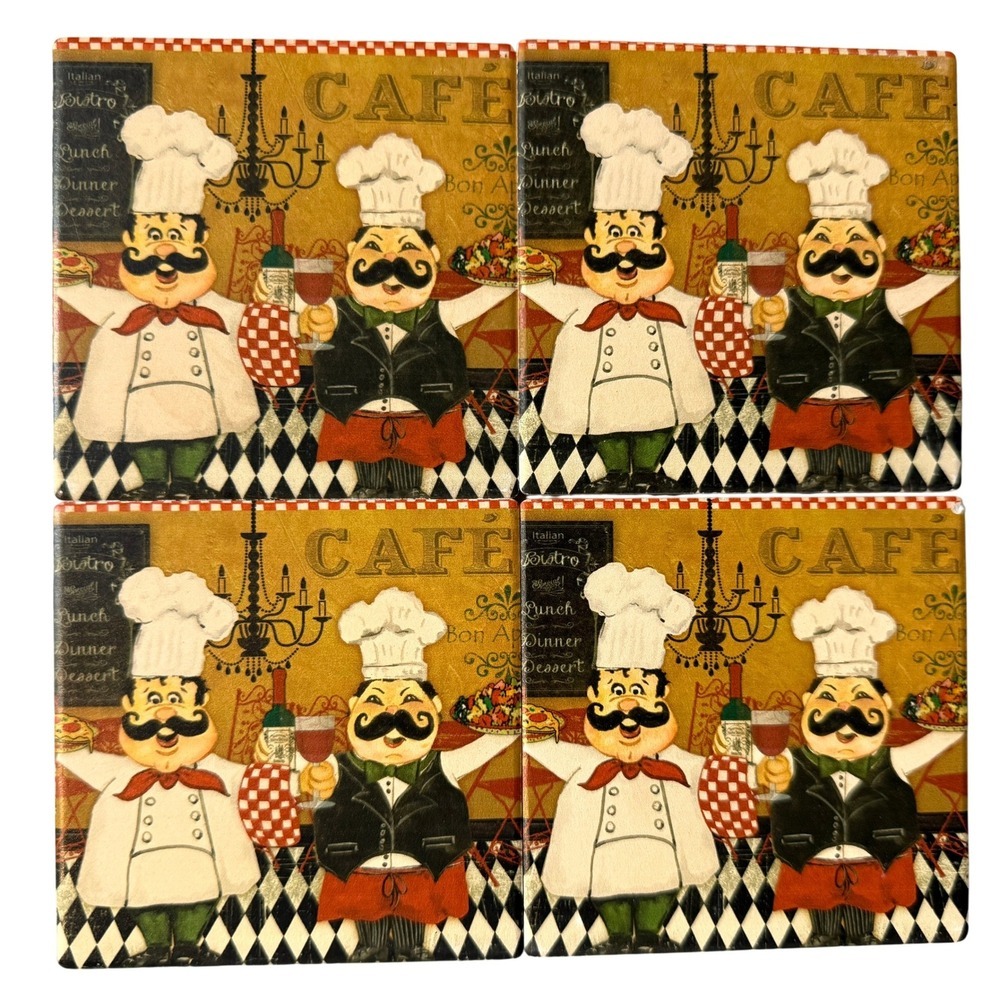 VTG Ceramic Coasters Italian Chef Cafe Design Cork Back Kitchen Decor Set of 4